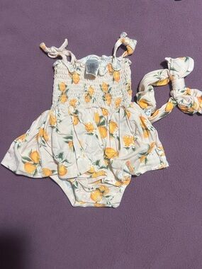 Girls' Cream Lemon-Print Ruffled Sundress Bodysuit with Headband